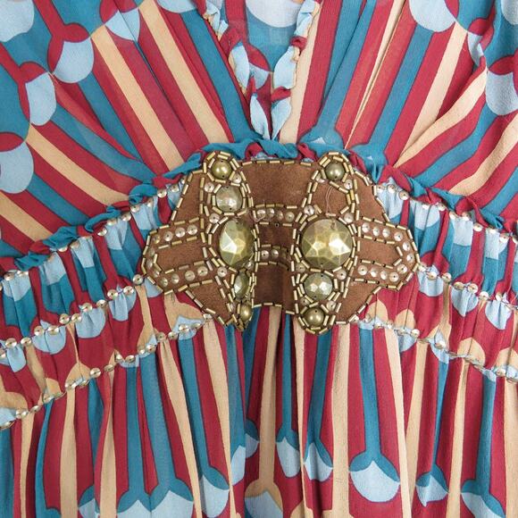 Nanette Lepore Burgudy Geometric Long Sleeve Midi Babydoll Dress with Buckle 10 - Picture 4 of 7